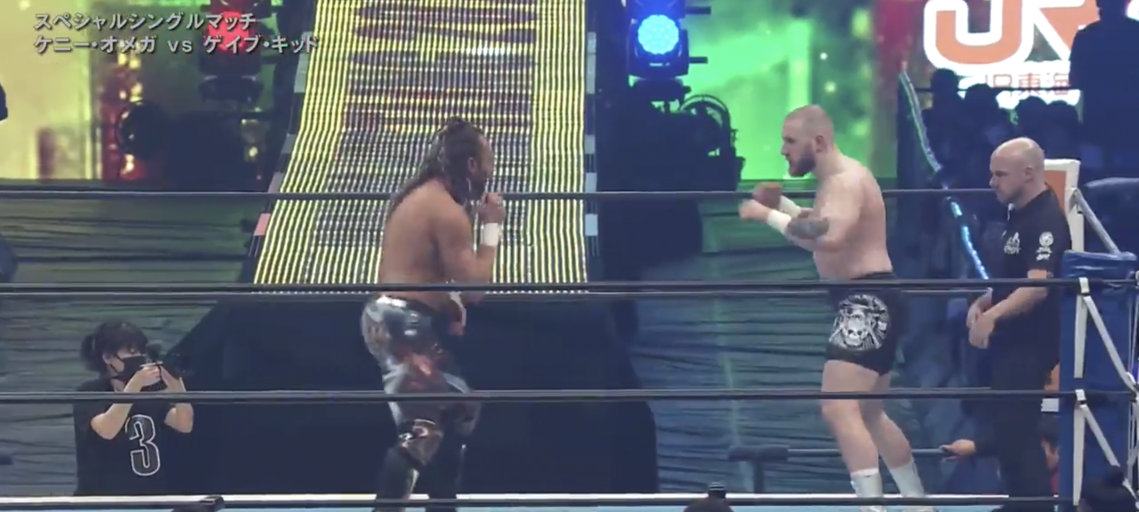 Kenny Omega and Gabe Kidd face off in the opening moments of their Wrestle Dynasty match.